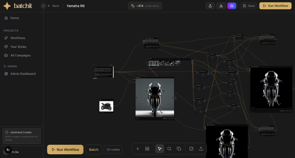 Batchit Workflow Editor - Visual node-based interface showing AI workflow builder with multiple connected nodes